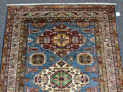 Super Kazak Light Blue 5X7 Handmade Wool Rug # 13094