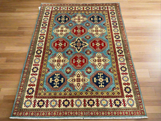 Kazak Light Blue 5X7 Handmade Wool Rug # 13035