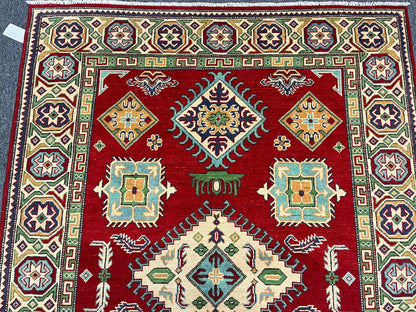 Kazak Geometric Red 5X7 Handmade Wool Rug # 13307