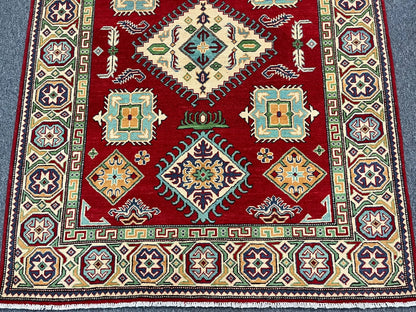 Kazak Geometric Red 5X7 Handmade Wool Rug # 13307