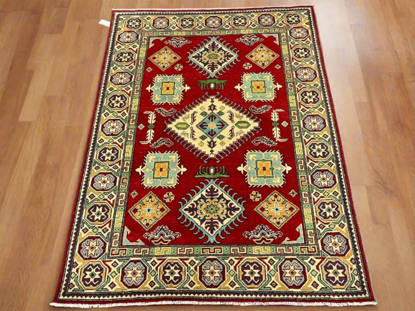 Kazak Geometric Red 5X7 Handmade Wool Rug # 13307