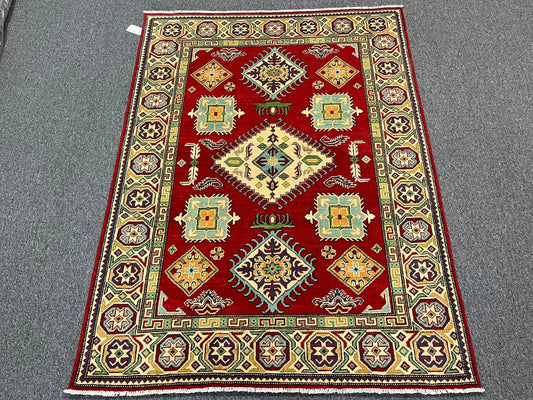 Kazak Geometric Red 5X7 Handmade Wool Rug # 13307