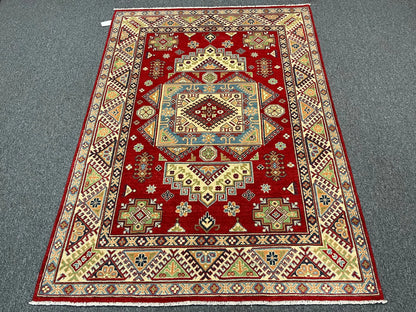 Kazak Geometric Red 5X7 Handmade Wool Rug # 13306