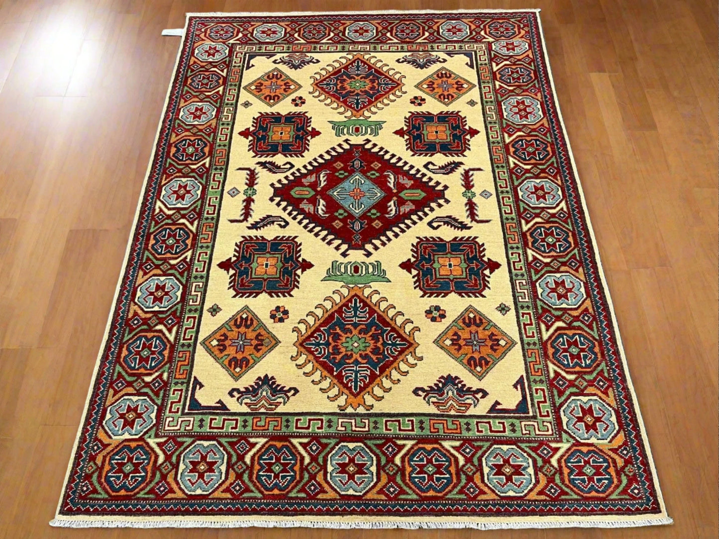 Kazak Ivory/Red 5X7 Handmade Wool Rug # 13308