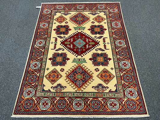 Kazak Ivory/Red 5X7 Handmade Wool Rug # 13308