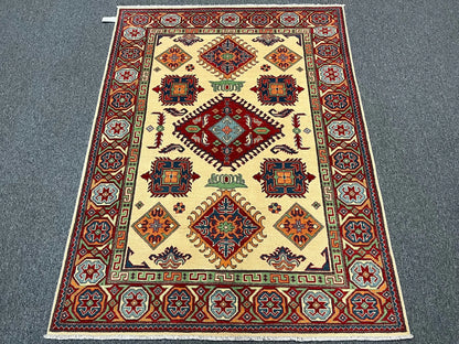 Kazak Ivory/Red 5X7 Handmade Wool Rug # 13308