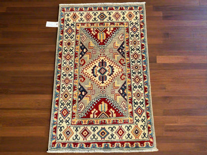 Kazak Geometric Multicolor 3X4 Handmade Wool Rug # 13269