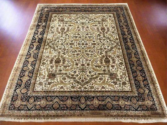 12X14 Indo Agra Beige/Black Handmade Wool Rug # 13424