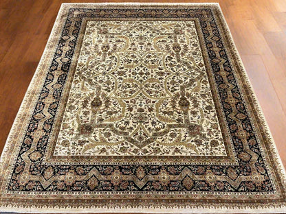 12X14 Indo Agra Beige/Black Handmade Wool Rug # 13424