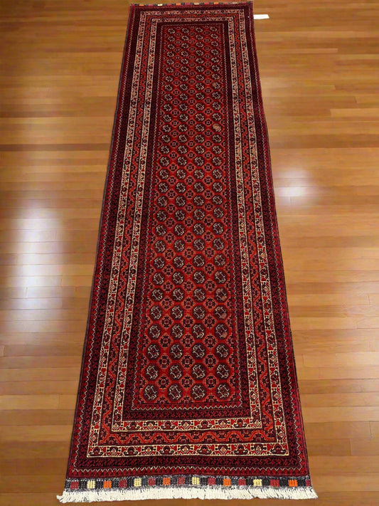 Red Runner 3X9 Tribal Turkmen Handmade Wool Rug # 13483