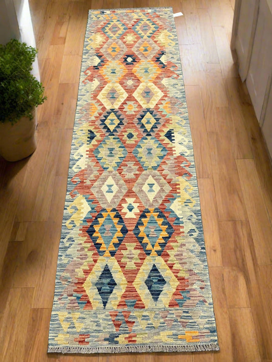 Flatweave Reversible Kilim 2' 6"X9' Multicolor Wool Rug # 13544