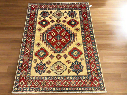 Kazak Ivory/Rest Multicolor 5X7 Handmade Wool Rug # 10552
