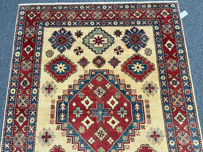 Kazak Ivory/Rest Multicolor 5X7 Handmade Wool Rug # 10552