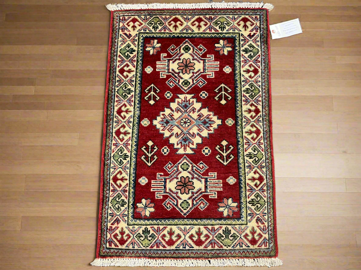 2X3 Geometric Kazak Handmade Wool Rug # 13880