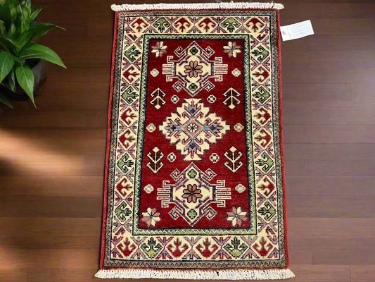 2X3 Geometric Kazak Handmade Wool Rug # 13880