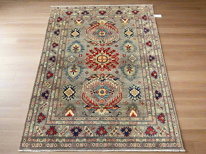 Gray Geometric Kazak 5X7 Handmade Wool Rug # 13608