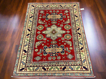 Red Geometric Kazak 5X7 Handmade Wool Rug # 13611