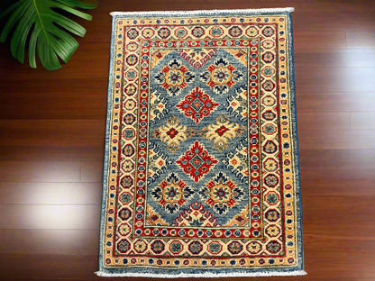 2X3 Blue Geometric Kazak Handmade Wool Rug # 13881