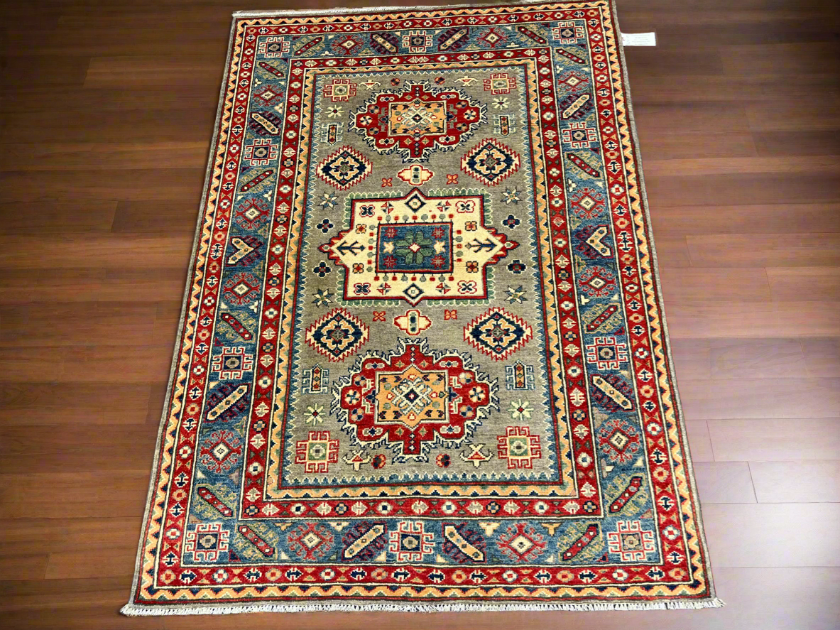 Kazak Gray Geometric 4X6 Handmade Wool Rug # 13650