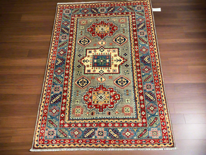 Kazak Gray Geometric 4X6 Handmade Wool Rug # 13650