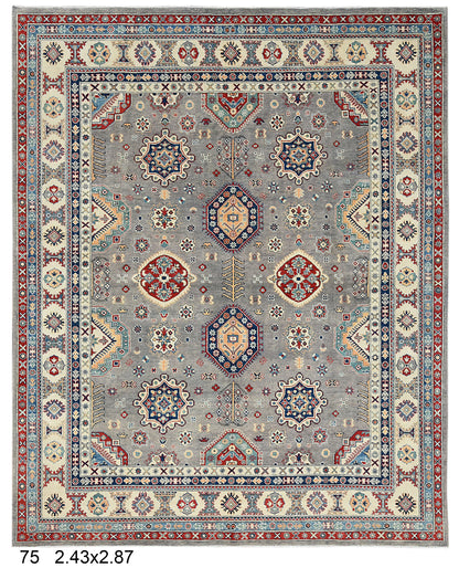 Gray Kazak Geometric 8X10 Handmade Wool Rug # 14436