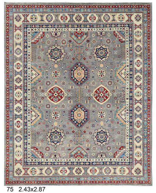 Gray Kazak Geometric 8X10 Handmade Wool Rug # 14436