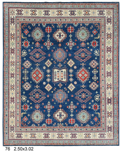 Navy Blue Kazak Geometric 8X10 Handmade Wool Rug # 14437