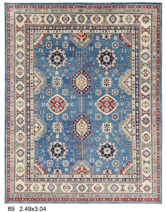 Light Blue 8X10 Kazak Handmade Wool Rug # 14450