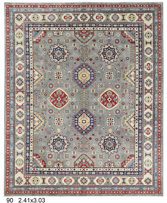 Gray Kazak Geometric 8X10 Handmade Wool Rug # 14451