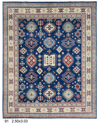 Navy Blue Kazak Geometric 8X10 Handmade Wool Rug # 14452