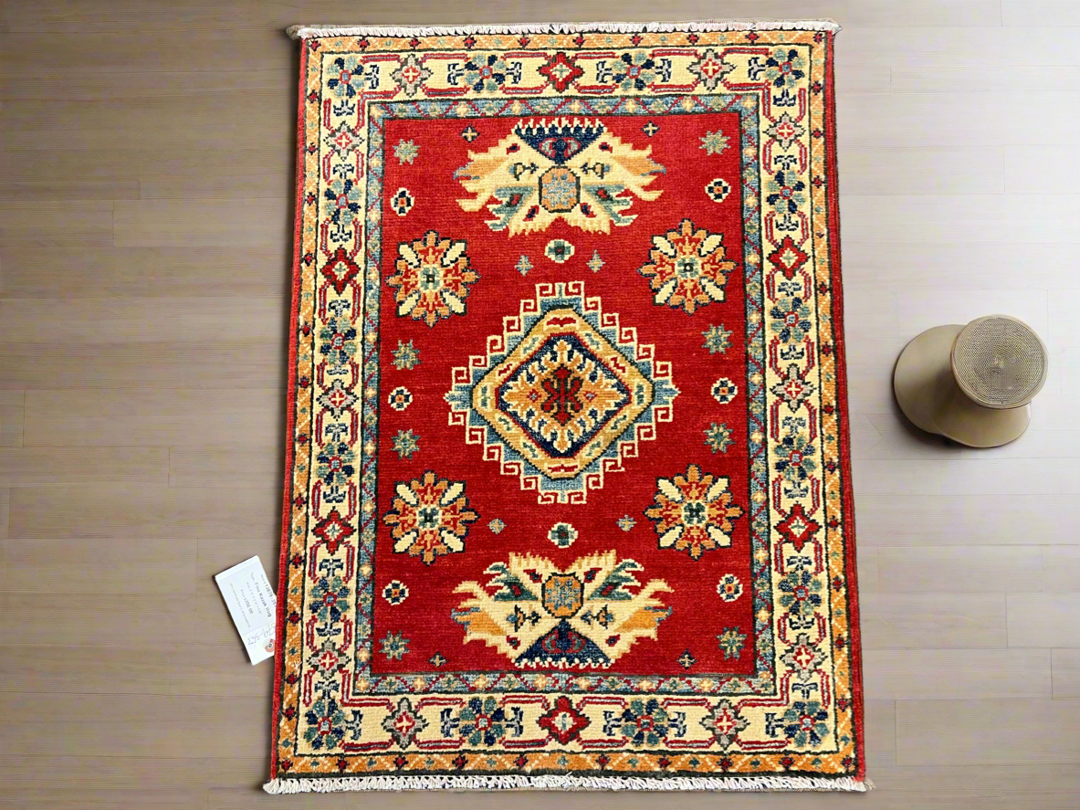 2X3 Red Geometric Kazak Handmade Wool Rug # 13879