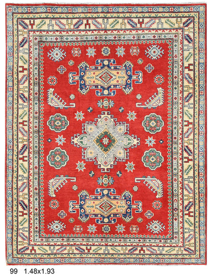 Red Geometric Kazak 5X7 Handmade Wool Rug # 14460