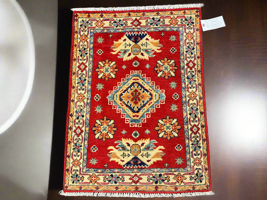 2X3 Red Geometric Kazak Handmade Wool Rug # 13882