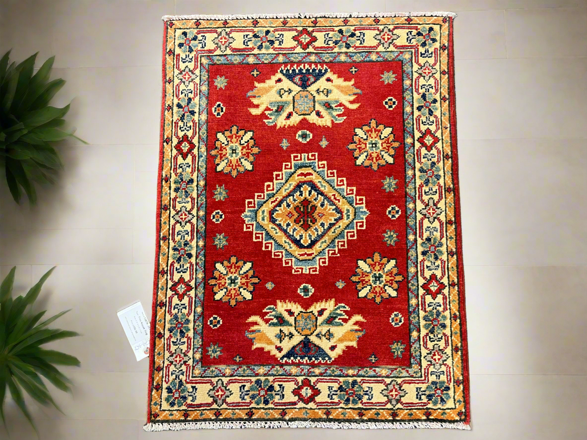 2X3 Red Geometric Kazak Handmade Wool Rug # 13879