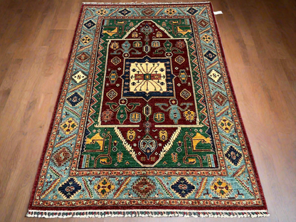 Red/Light Blue Tribal 5X8 Handmade Wool Rug # 14165