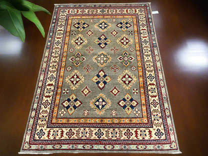 Gray Geometric Kazak 5X7 Handmade Wool Rug # 13609