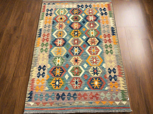 Kilim 4X6 Flat Weave Reversible Multicolor Wool Rug # 13500