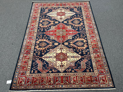 Navy Blue Super Kazak 6X8 Handmade Wool Rug # 14522