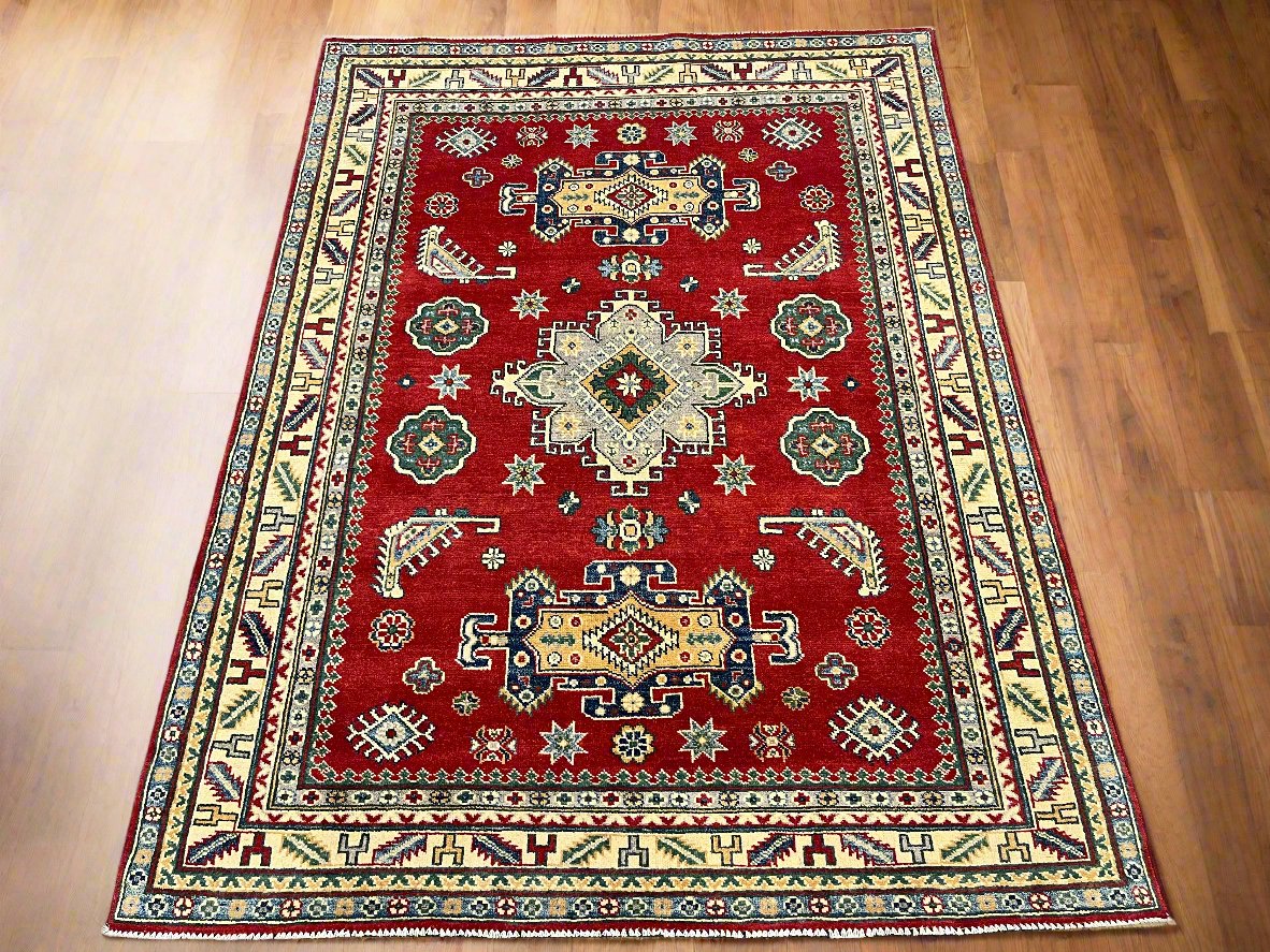 Red Geometric Kazak 5X7 Handmade Wool Rug # 14460