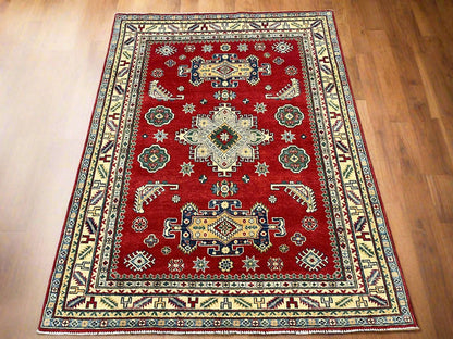 Red Geometric Kazak 5X7 Handmade Wool Rug # 14460