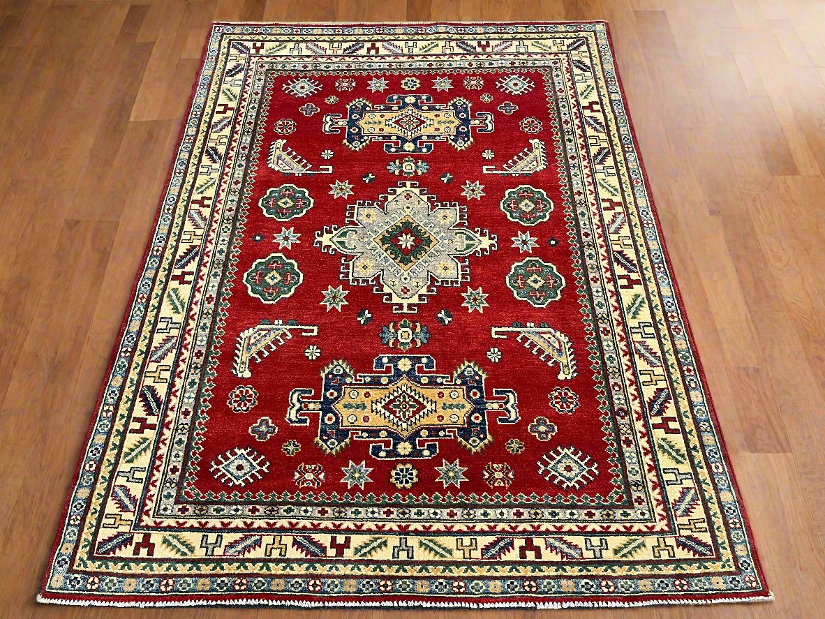 Red Geometric Kazak 5X7 Handmade Wool Rug # 14460