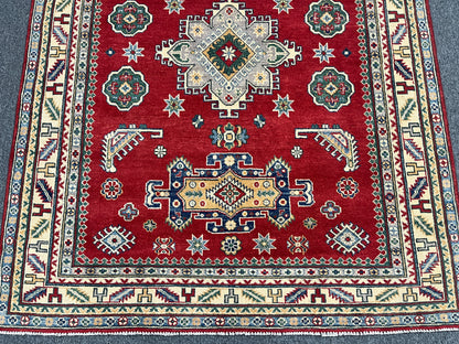 Red Geometric Kazak 5X7 Handmade Wool Rug # 14460