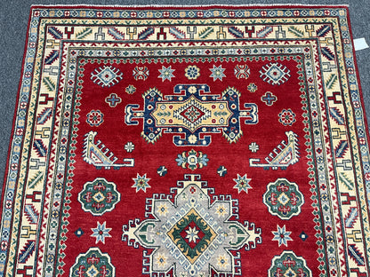 Red Geometric Kazak 5X7 Handmade Wool Rug # 14460