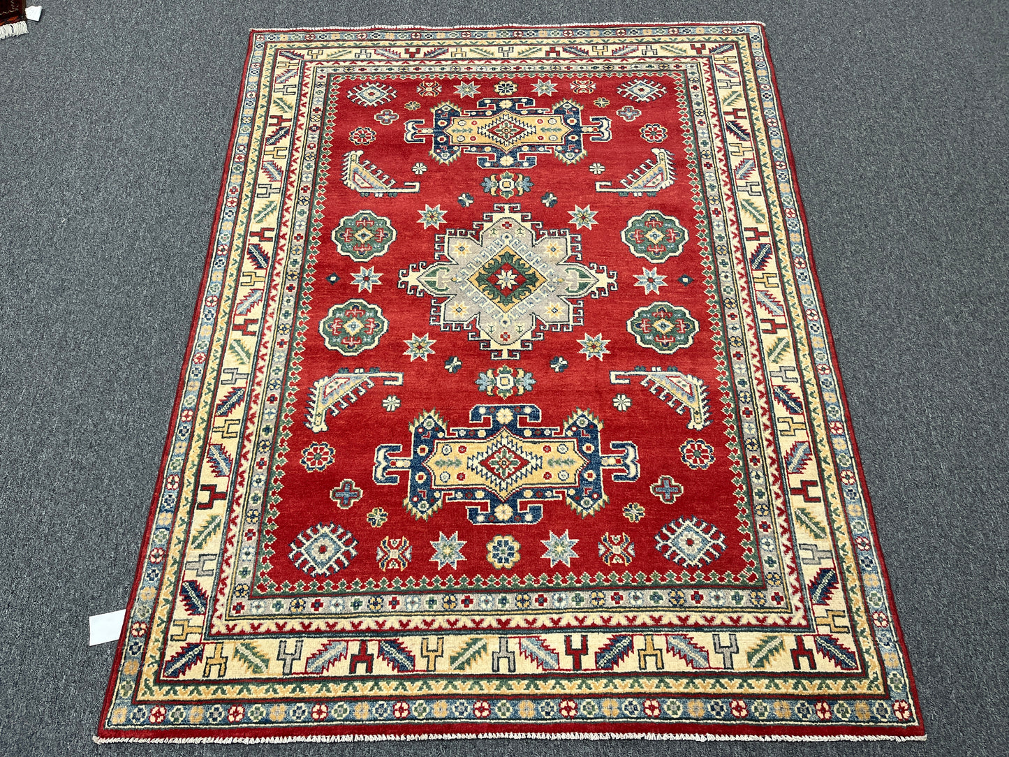 Red Geometric Kazak 5X7 Handmade Wool Rug # 14460