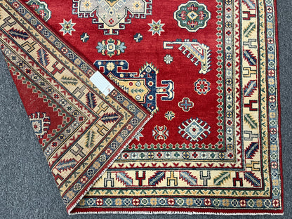 Red Geometric Kazak 5X7 Handmade Wool Rug # 14460