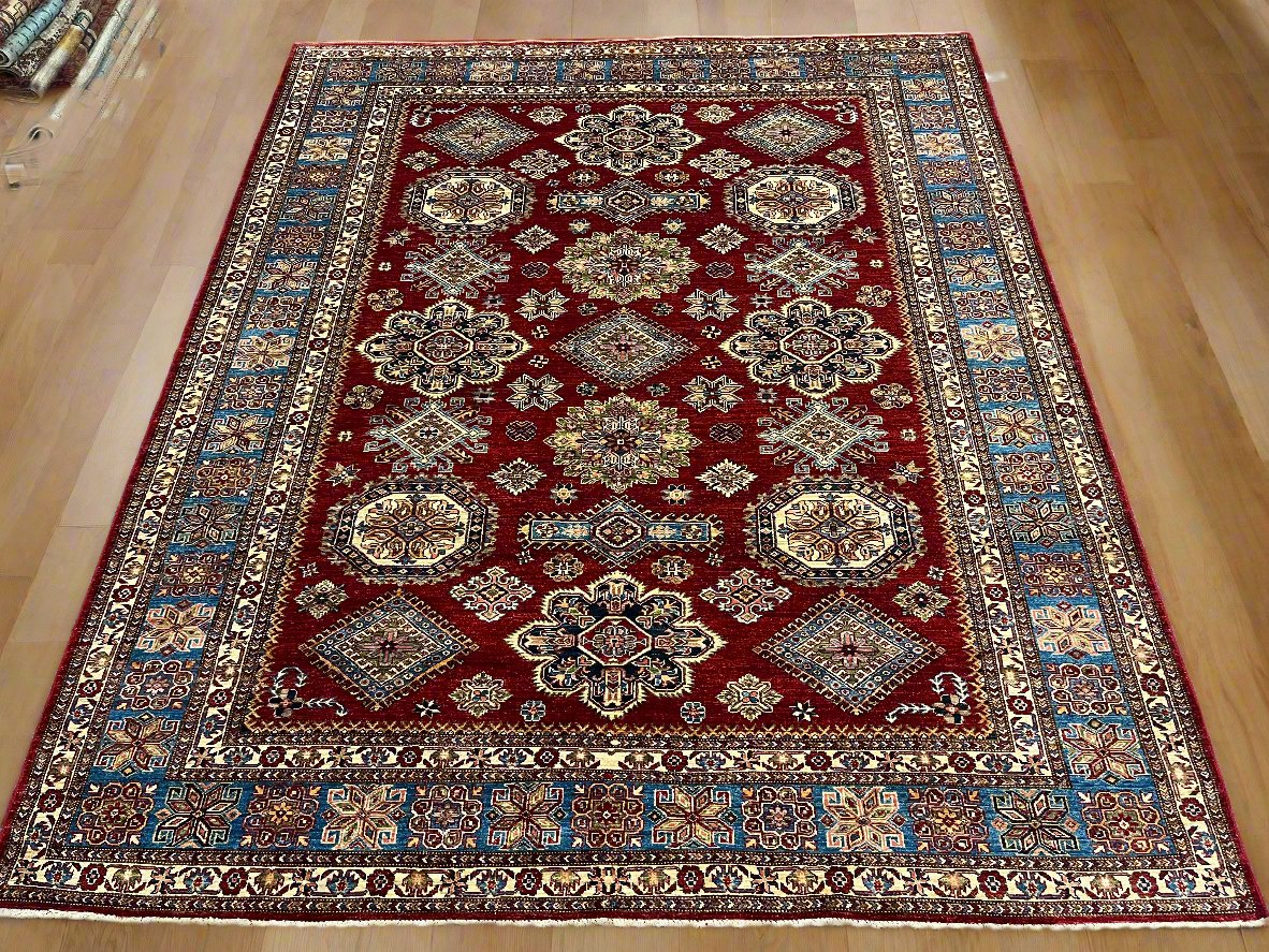 Super Kazak Red/ Light Blue 8X10 Handmade Wool Rug # 14521