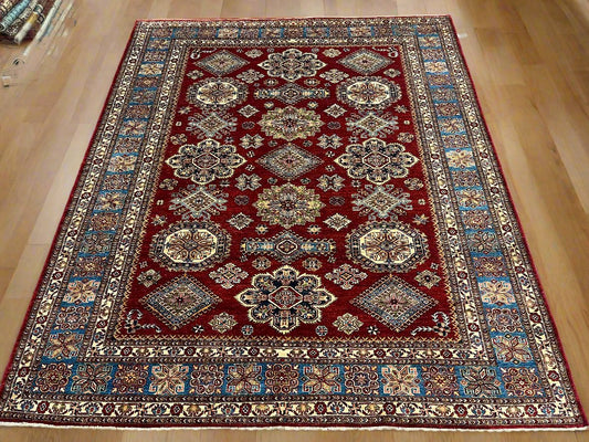 Super Kazak Red/ Light Blue 8X10 Handmade Wool Rug # 14521