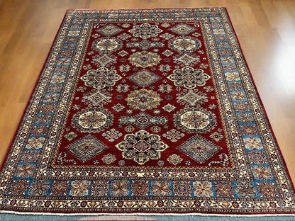 Super Kazak Red/ Light Blue 8X10 Handmade Wool Rug # 14521