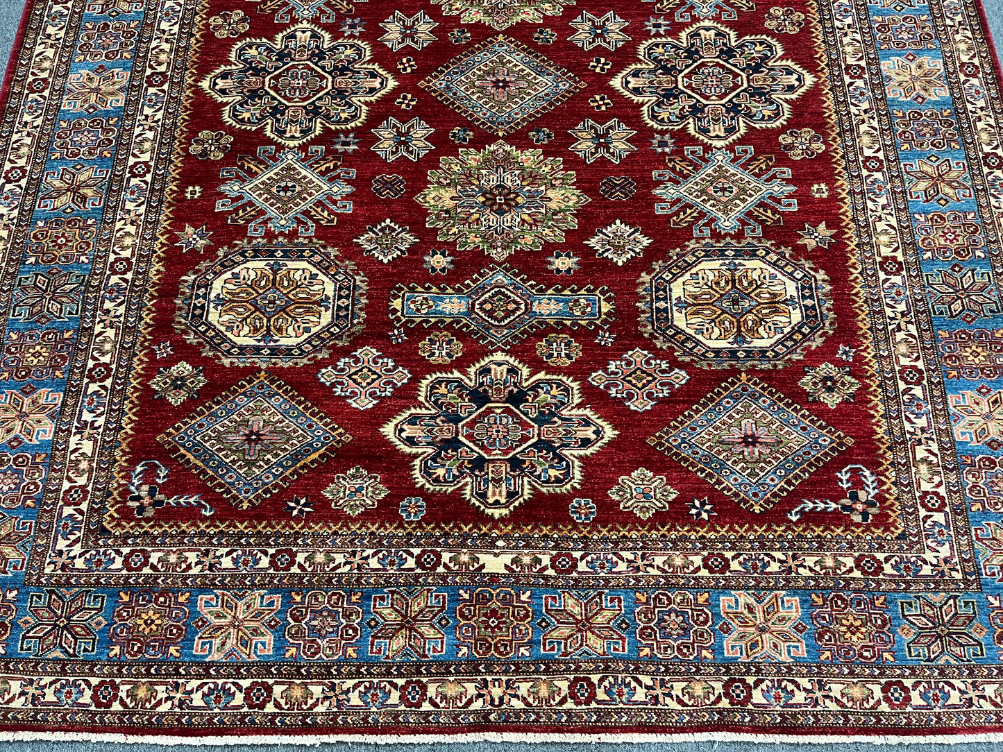 Super Kazak Red/ Light Blue 8X10 Handmade Wool Rug # 14521