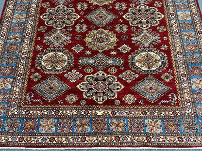 Super Kazak Red/ Light Blue 8X10 Handmade Wool Rug # 14521